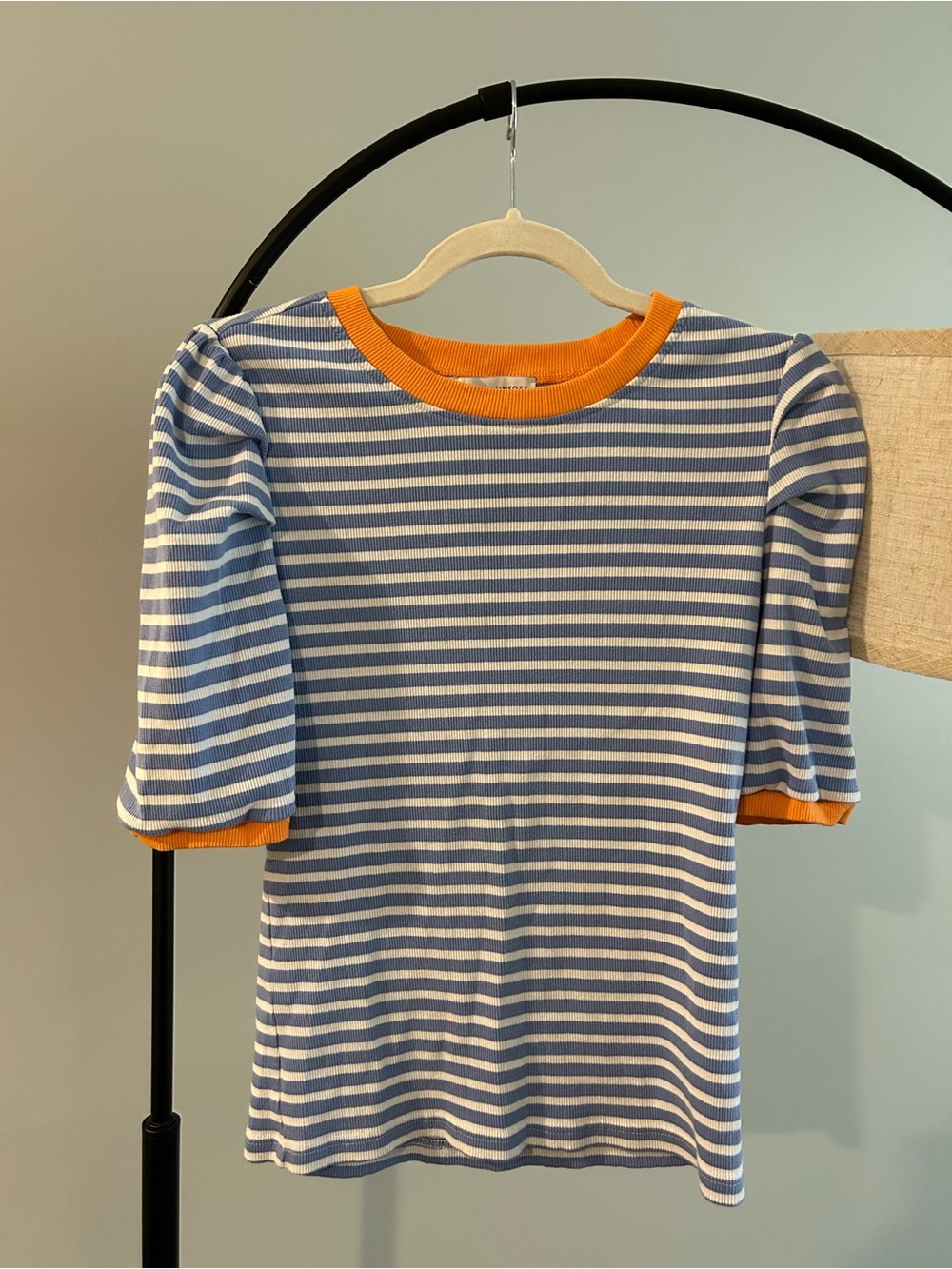 Rebecca Minkoff Blue & White Striped Tee with Orange Neck and Sleeve Trim
